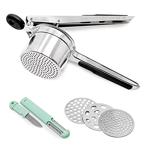 Cook Army Potato Ricer Stainless Steel Professional – 15 Oz Ricer Kitchen Tool With 3 Interchangeable Discs & Non Slip Handle – Mashed Potatoes Ricer & 3 in 1 Veggie Potato Peeler Knife Gadget