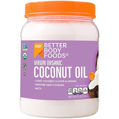 BetterBody Foods Organic Virgin Coconut Oil — Cold-Pressed and Unrefined Coconut Oil, Medium Temperature Cooking Oil, Great Alternative To Butter, Light Coconut Flavor and Aroma, 56 Ounce