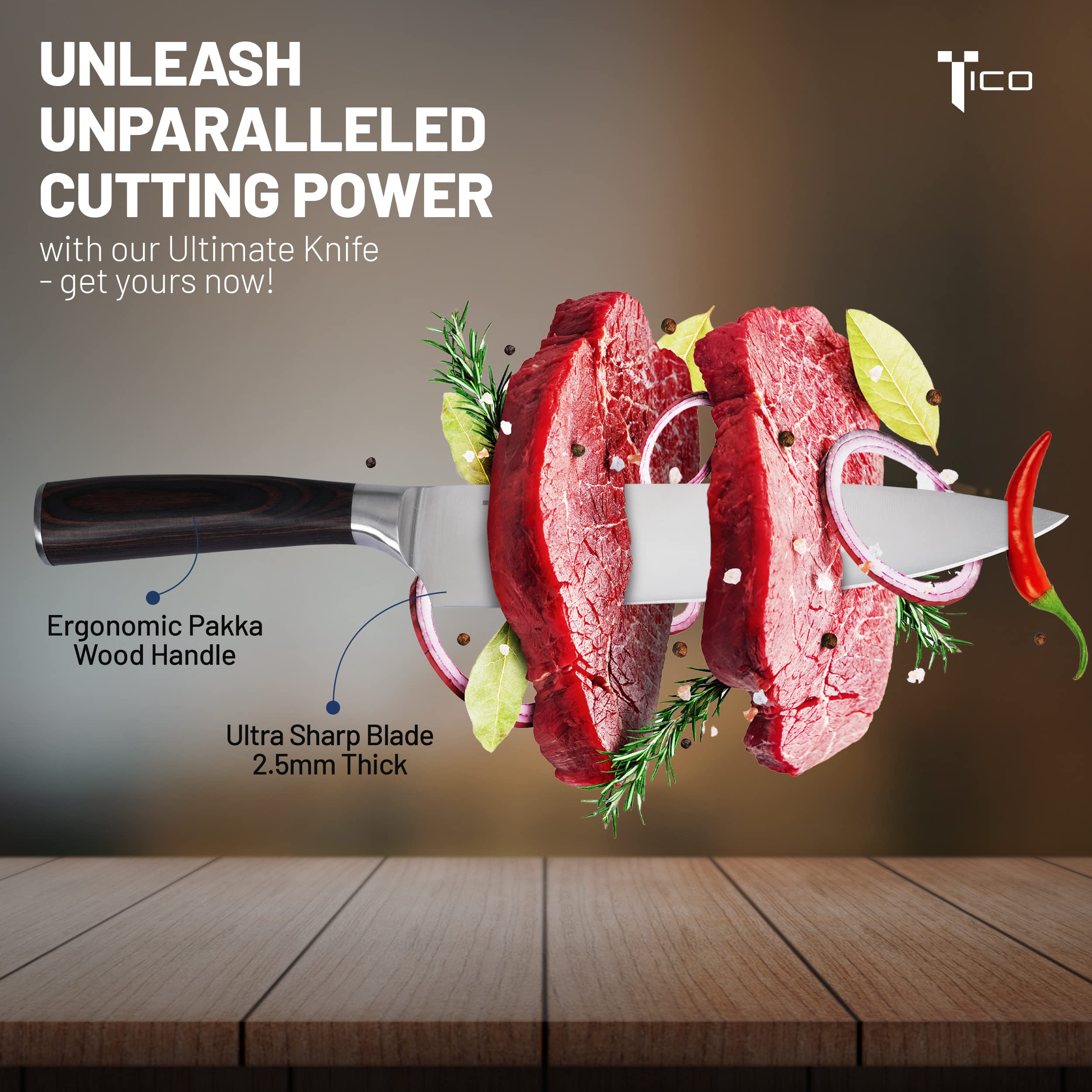 TICO Ultra Sharp 8 inch Chef's Knife - German Carbon Steel Blade, Ergonomic Pakka Wood Handle - Professional Kitchen Knife for Chopping, Cutting, Thinly Slicing Meats & Vegetables - Image 2